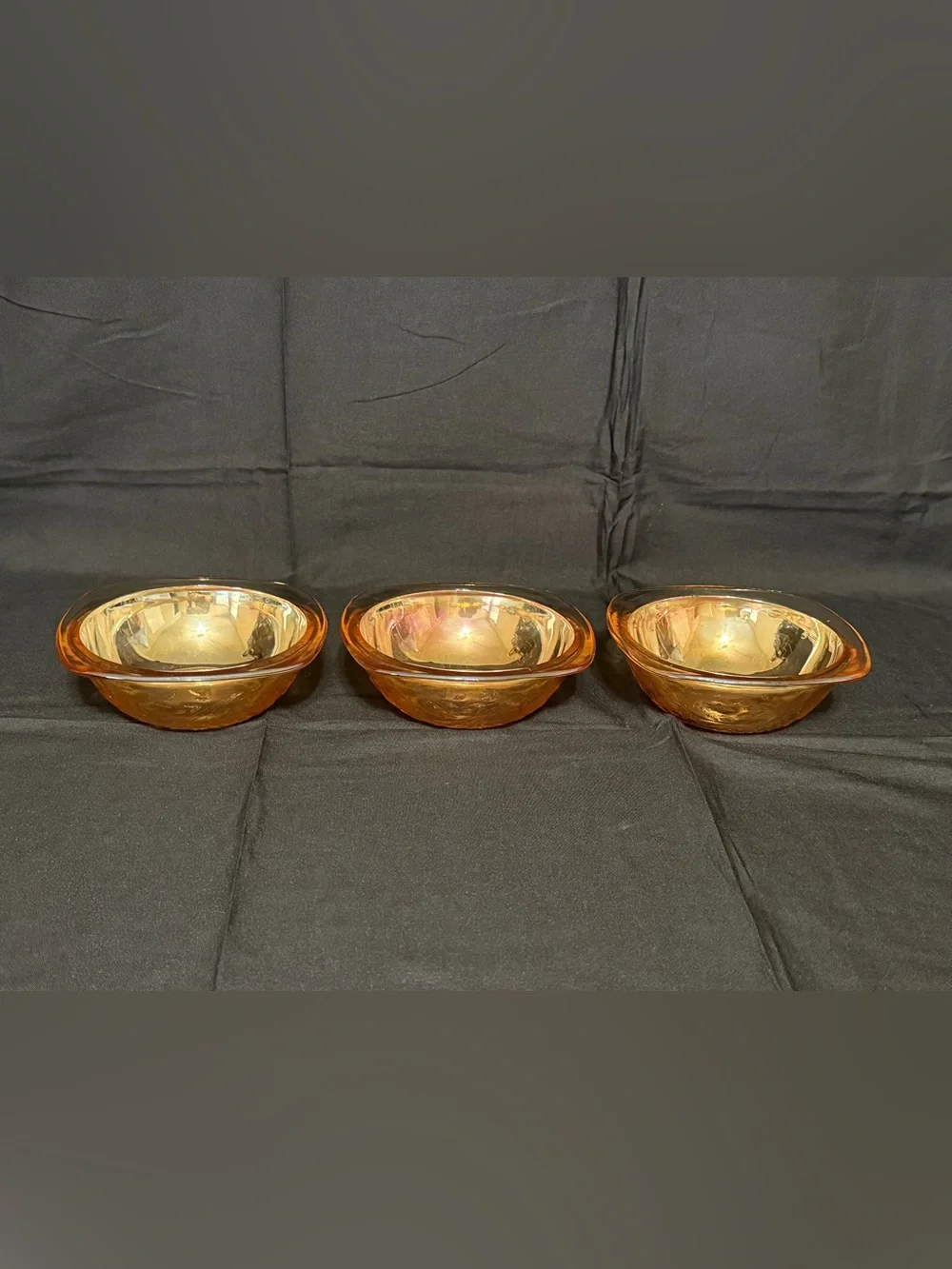 Amber Iridescent Glass Serving Bowls - Set of 3
